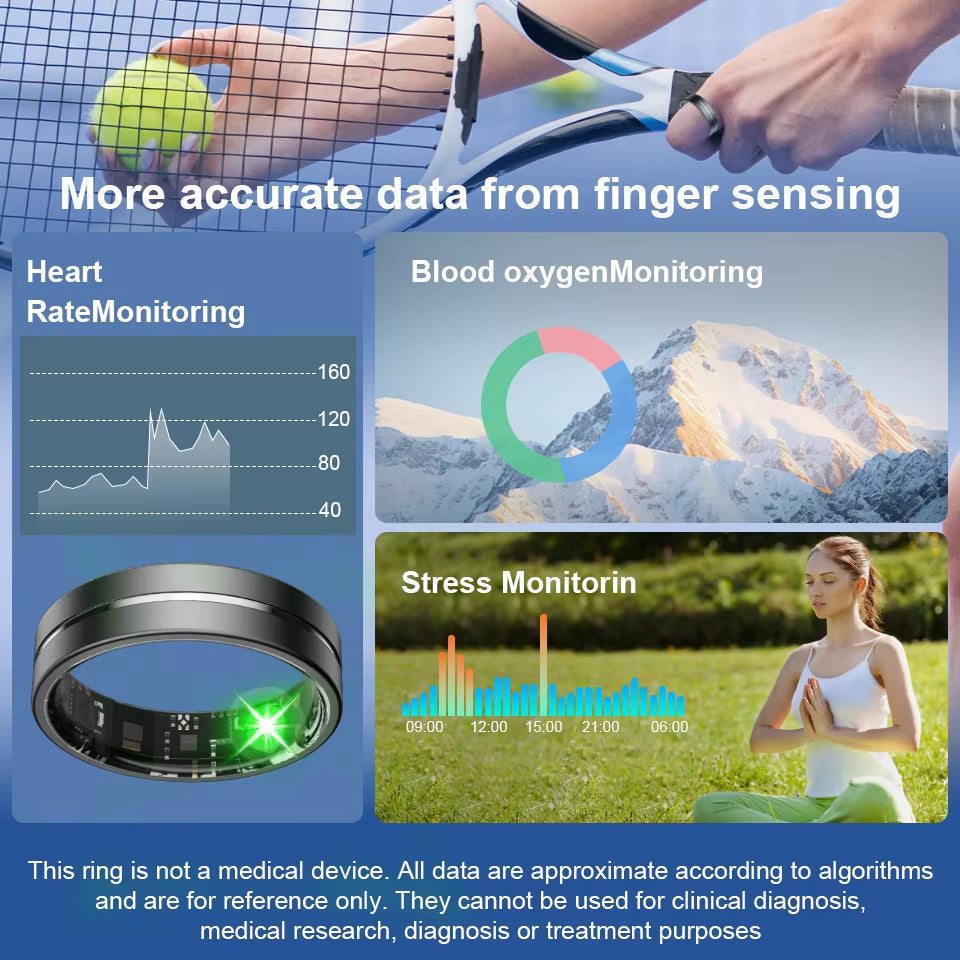 Smart Fitness Ring for Men and Women Health Sleep Monitor Heart Rate Blood Oxygen Tracker with Multiple Modes and Charging Case