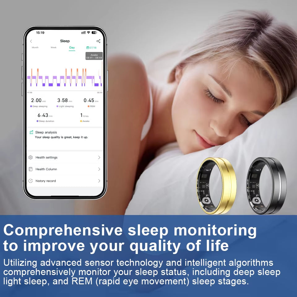 Smart Fitness Ring for Men and Women Health Sleep Monitor Heart Rate Blood Oxygen Tracker with Multiple Modes and Charging Case